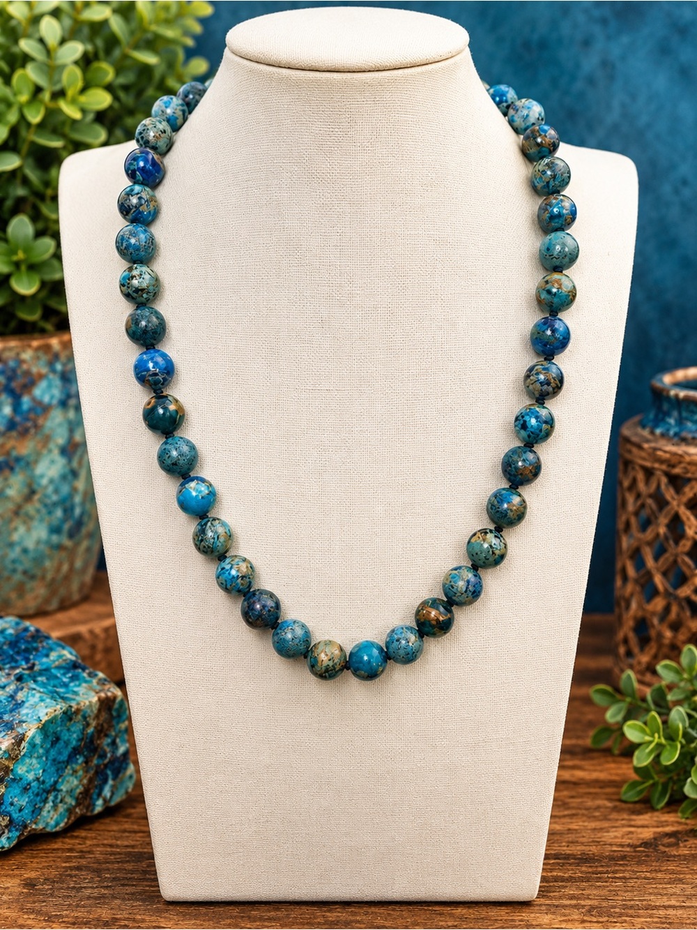 Sea sediment Jasper Blue 10mm handknotted Aprilsplace necklace